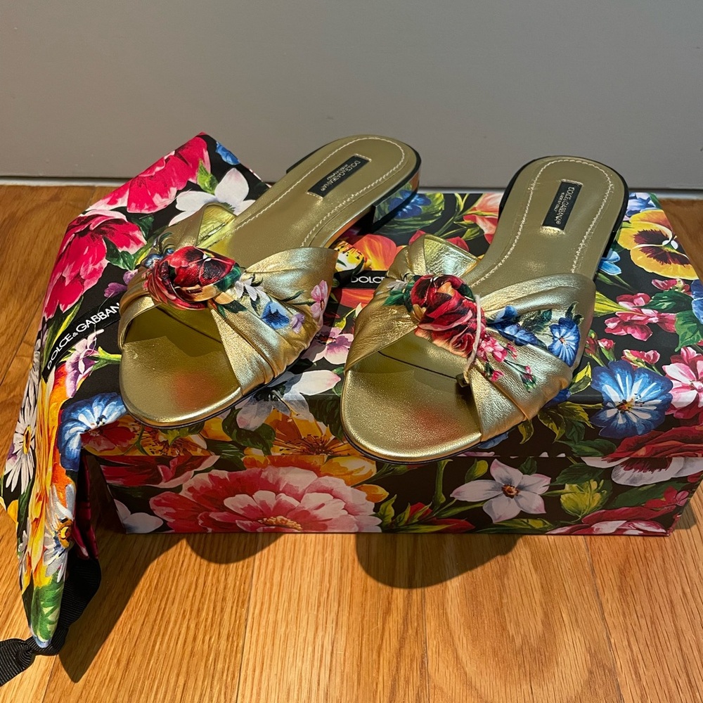 Dolce & Gabbana metallic gold with blue and red flower slides /sandals 36